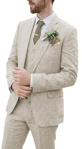 Bofan Men Suit Linen Wedding Suits for Men Beige 3 Pieces Prom Tuxedoes Linen Suit Jacket Vest Pant for Men Groomsmen Attire BE-4034