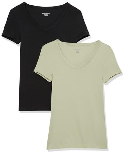 Amazon Essentials Women's Slim-Fit Short-Sleeve V-Neck T-Shirt, Pack of 2, Black/Sage Green, XL