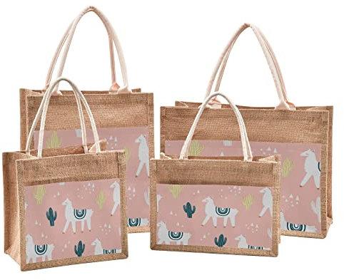 Mnsruu Cute Llamas Cactus Plant Jute Tote Bags Women Grocery Shopping Bags with Handles for Outdoor Travel 14.2 x 12.6 x 7.1 inches