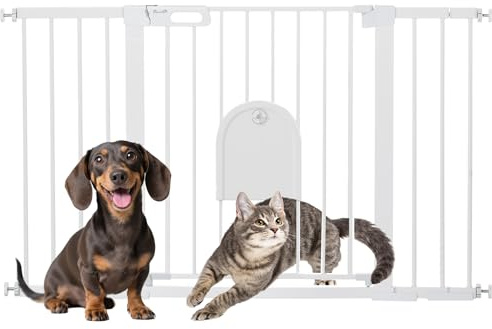 PawHut Cancellino per Cani Regolabile con Porta Piccola e Montaggio a Pressione, Barriera per Cani con Chiusura Automatica, 75-131x76 cm, Bianco