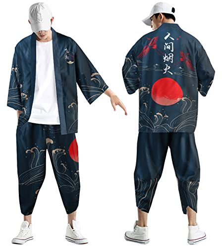 Beokeuioe Disfraz japonés de kimono haori para hombre Leisure Taoísta Túnica larga kimono cárdigan chaqueta tradicional estilo chino capa camisón traje de bata