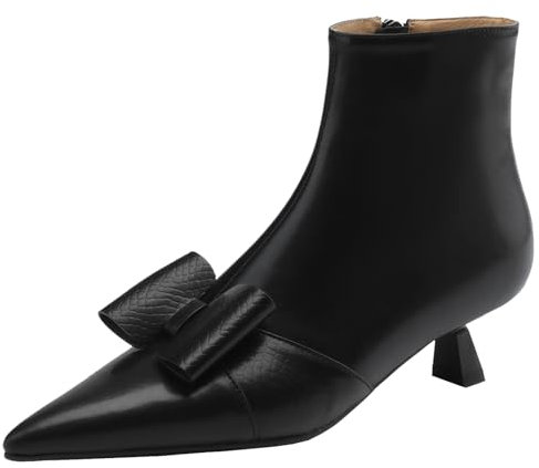 CUTEHEELS Eleganti stivaletti da donna in vera pelle con punta a punta con cerniera laterale e tacco Kitten, Nero , 38 EU