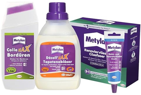 Metylan Renoviervlies & Glasfaser (1x180g) & Metylan Bordüren (1x250g) & Metylan Naht- und Reparaturkleber (1x60g) & Metylan Tapetenablöser Aktiv-Konzentrat (1x0,5l)