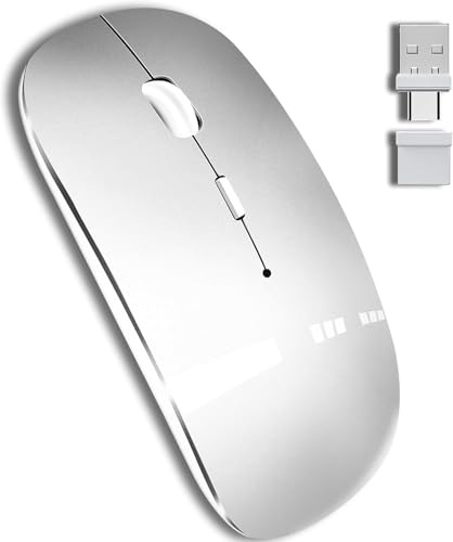QYFP Bluetooth Kabellose Maus für MacBook Air Mac Pro Laptop Computer iPad PC Optische wiederaufladbare leise Funkmaus mit Dual Mode Switch Maus Bluetooth 5.2/3.0 und 2.4GHz USB Typ-C Empfänger,Silber