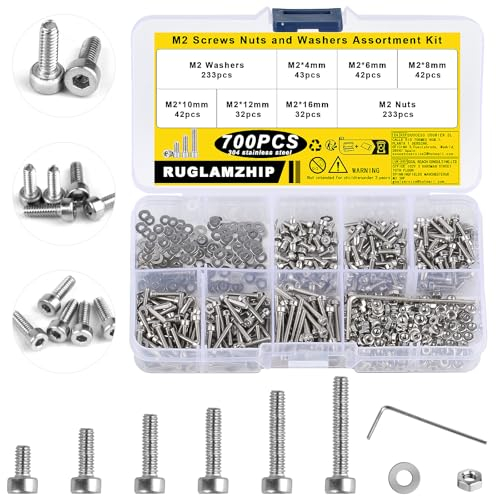 700 Pcs M2 Vis et écrous, Vis Boulon et écrous et Rondelles Set, Vis à Tête Hexagonale, Boulon Vis à Tête Cylindrique à Six Pans Creux en Acier Inoxydable, Visserie Inox Assortiment Kit