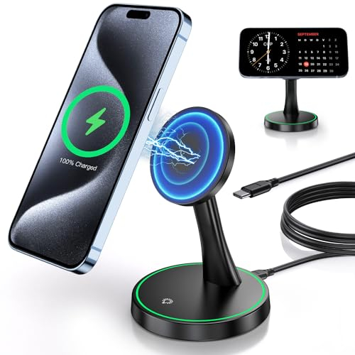 Mag-Safe ladestation iPhone, 15W Schnelles Wireless Charger für iPhone 16 Pro Max/16 Pro/16 Plus/16/15 Pro Max/15/14/13/12 Serie und für AirPods 3/2/Pro,Mag-Safe ständer mit schlaffreundlichem Licht