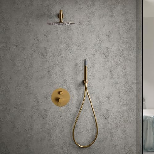 IMEX - Colonne de Douche Encastrée Salle de Bain Or Brossé | Colonne Douche Encastrable Laiton Dorée | Pommeau Douche Anti Calcaire en Acier Inoxydable S.304 | Série Line