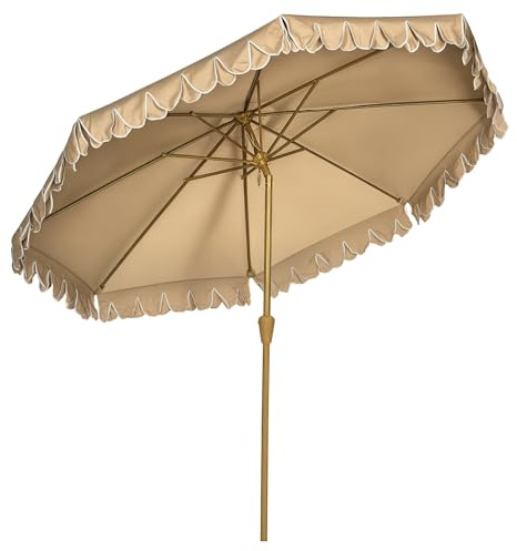 Outsunny Sombrilla Terraza Exterior, Ø264x240 cm, Sombrilla de Jardín con Ángulo Ajustable, Manivela y Volantes, Impermeable, Parasol para Playa, Patio, Balcón, Caqui