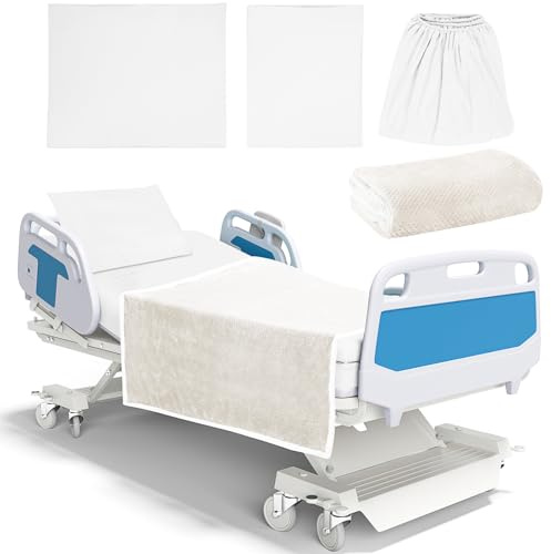 TESIN Juego de sábanas de hospital, 4 piezas de sábanas de punto suave estándar, incluye sábana bajera, funda de almohada, funda de edredón, manta (blanco)