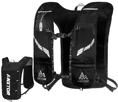 TOTSUN Running Vest Hydration for Women Men, Ultralight Breathable 5L Running Bag Phone Holder with Safety Whistle for Water Bottle & Soft Flask, 10 Pockets, for Cycling, Marathons (Style A)