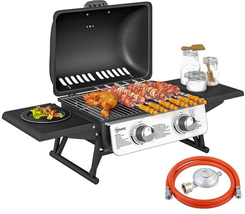 Outsunny - Barbacoa de gas de mesa portátil, 2 quemadores de 5,6 kW, barbacoa de gas de camping con rejilla de cocina, estantes laterales, tapa, termómetro, para camping, jardín y balcón, color negro