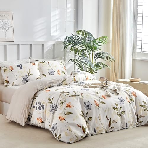 Lekesky Double Duvet Cover Set 4 Piece Soft Microfibre Floral Print White Double Bedding Set with 1x Duvet Cover 200x200 cm, 2x Envelope Pillowcases, 1x extra 40cm Deep Fitted Bed Sheet