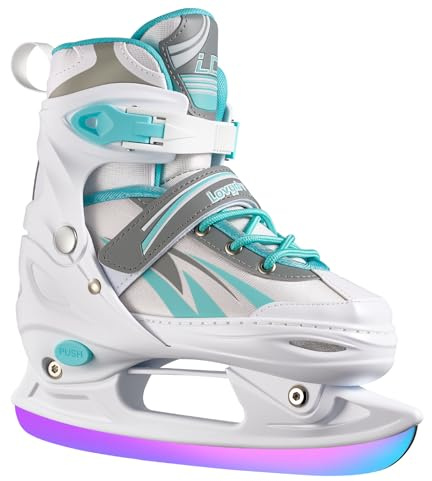 Adjustable Ice Skates for Kids Girls Boys, 4 Size Adjustable Beginner Ice Hockey Skates for Youths Teen, Warm Ice Skating Shoes with Electroplated color-changing blades for Outdoor and Rink, Blue