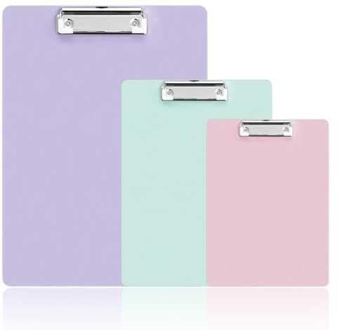KEWUF 3 Stück Klemmbrett mappe, 3 Größen Klemmbrett (A4/A5/A6), Schreibbrett mit Metall-Aktendulli, Kunststoff Klemmmappe, Schreibblock für Studenten und Bürobedarf (Lila, Grün, Rosa)