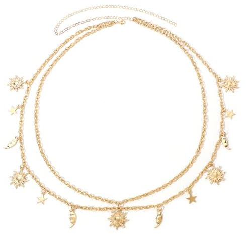 TRKETK Cinturón de Cadena de Metal de Doble Capa, Cadena de Cintura Ajustable Decorada Cinturón de Eslabones de Moda Diseño de Estrella de Luna para Pantalones, Vestidos, Abrigo, Jeans, Suéter