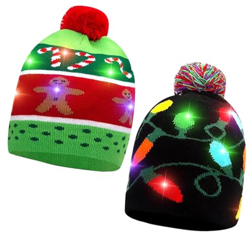 DIELIANHUA 2 Pièces Bonnet Noël, Bonnet Noel Lumineux, Chapeau Lumineux À LED, Chaud Chapeau Tricoté, Hiver Bonnets Beanie, Chapeaus de Noëls, Idéal pour Les Fêtes de Noëls Et Du Nouvel An/A