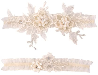 Mikovivi 2pcs Garters for Bride, Lace Bridal Garter Floral Lace Leg Belt Stylish Wedding Accessories for Women (Champagne)