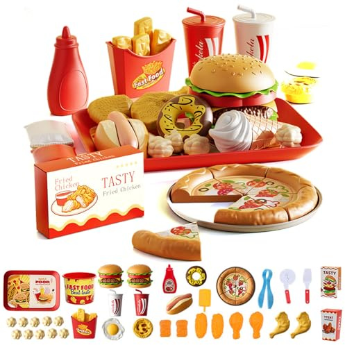 Jeorywoet 63 st låtsasmat, lekmat för barn, simulerad snabb med bricka hamburgare varmkorv pommes frites kombo kökstillbehör för flickor pojkar jul födelsedagspresenter