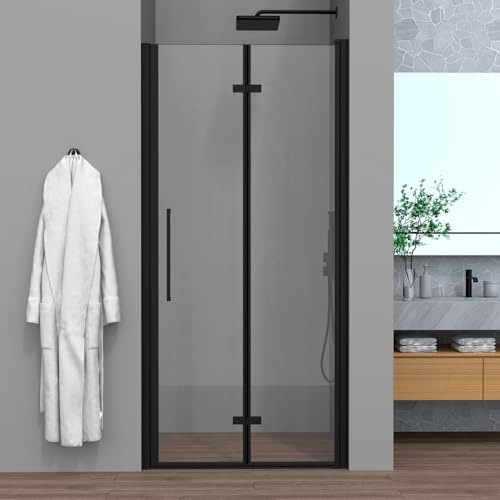 Porta Doccia Per Nicchia 95 Cm (H 195) Linea Neos - Porta A Soffietto Salvaspazio - Cristallo Trasparente 6 Mm - Profili In Alluminio Nero