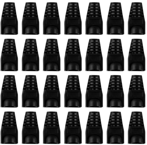 Lotsdonxia 100 fundas de alivio de tensión RJ45, cubiertas de conector de cable Ethernet negras para cable de red Cat7 Cat7A Cat8, tapas protectoras de enchufe 8P8C