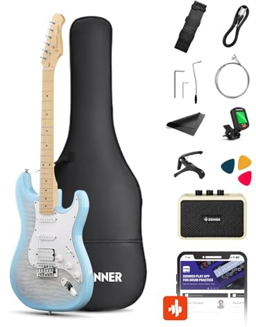 Donner DST-90 Guitare Électrique 39 Pouces, Kit Débutant Guitare Électrique avec Amplificateur, Micros HSS, Housse, Accordeur, Capodastre, Sangle, Cordes, Câble et Médiators, Plumbago Burst