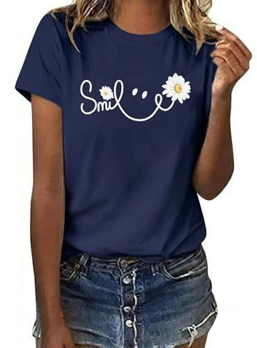 HEEKPEK Tee Shirt Femme Été Coton T-Shirt à Manches Courtes Chic Haut Dété Col Rond Imprimé Tournesol Marguerite Sourire Décontracté Confortable Tops Tunique Casual Blouse Tshirt (Bleu Marine-D, XXL)