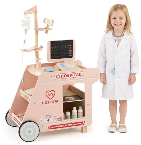 COSTWAY Barnläkarvagn, träläkarset med 23 tillbehör, rollspel läkarvagn med CT-maskin och stetoskop, lekläkarmottagning, medicinska leksaker för pojkar och flickor från 3 år
