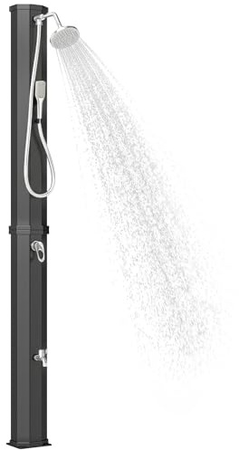 Outsunny Doccia Solare da Giardino 60L, Doccia da Giardino con 2 Soffioni a Pioggia, Rubinetto per Piedi, Acqua Calda Fino a 60°C, per Piscina Campeggio Esterno Terrazzo, Senza Elettricità, Nero