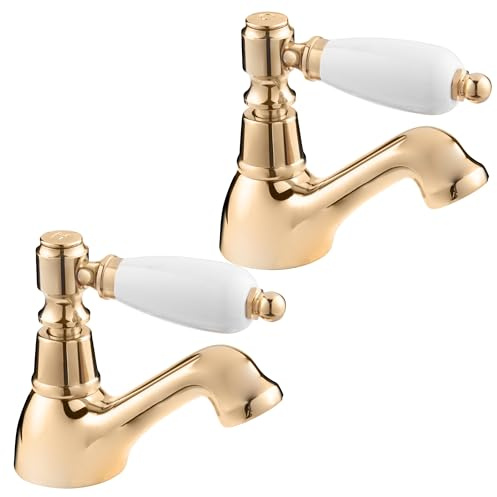 Deva GE01/501 Georgian Basin Gold Pair of Traditional Brass Sink Tap-Single Hot & Cold Lever Handles Bathroom Toilet Washroom Ensuite Faucet – 12 Year Warranty, Set of 2 Pieces