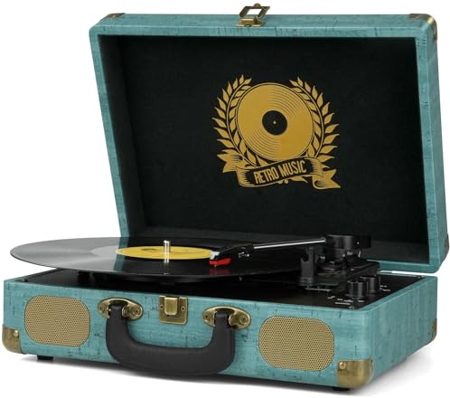 Record Player Vintage 3-Speed Bluetooth Vinyl Turntable with Stereo Speaker, Belt Driven Suitcase Vinyl Record Player,Vintage Blue