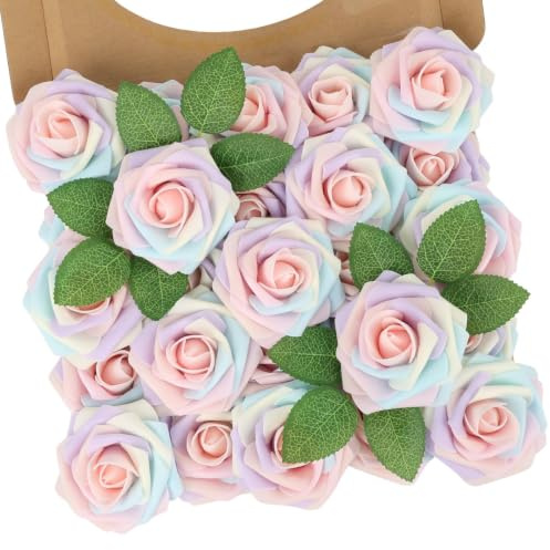 N&T NIETING Artificial Flowers Roses, 25pcs Real Touch Rainbow Foam Roses | Fake Flowers with Stems for Wedding Bridal Bouquets Mother's Day Baby Shower Birthday Home Decor