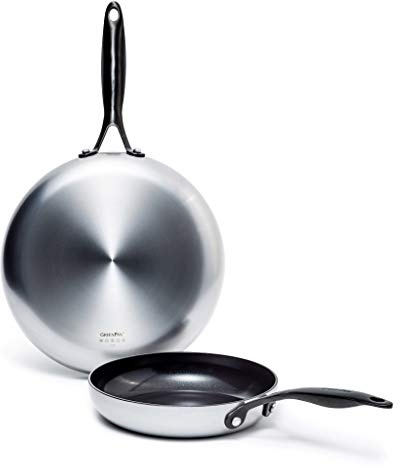 GreenPan Venice Pro Noir Juego de Sartenes de 26cm y 30cm de Acero Inoxidable Sano Cerámico Antiadherente, Mango Negro Mate, Libre de PFAS, Inducción, Apto para Lavavajillas, Apto para Horno, Plata