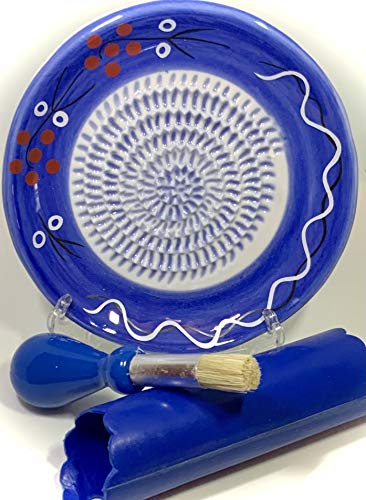 BonCera, Ceramic Garlic Grater Plate 4-Piece Set - Cherry Line on Blue