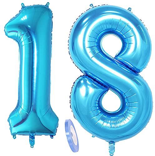 Ballons Numéro 18, Ballon 18 Ans Anniversaire Bleu XXXL 100cm Blue Géant Ballon Figurines Gonflable Hélium Feuille Chiffres Deco Pour Enfants Fille Garcon La Décoration De Fête Mariage D'anniversaire