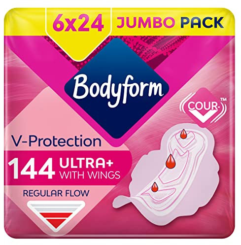 Bodyform Ultra Normal Sanitary Towels with Wings, 144 (24 x 6 Packs) Period Pads, SecureFit Leakage Protection, Ultra-Breathable Top Layer