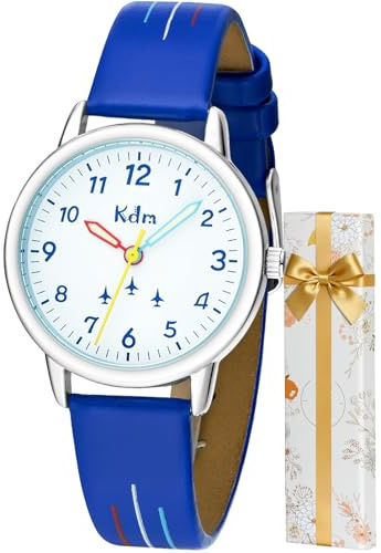 KDM Orologio Bambino Bambina Analogico: Facile da Leggere Orologi Ragazzi Educativo 5-12 Anni - Luminoso Impermeabile Orologio da Polso Cinturino Pelle Blu Regalo Bambini