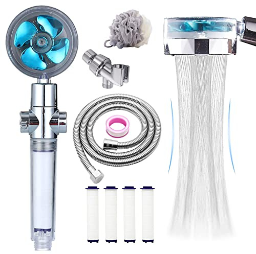 CWPW High Pressure Shower Heads, Handheld Turbo Fan Shower, Hydro Jet Shower Head with 79 Inch Hose,Bracket,Cotton Filters and Bath Loofah, One Key Pause Switch 360 Degrees Rotating (Blue with hose)