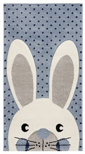 Baroni Home Alfombra Suave para Habitación Infantil, Alfombra Moderna de Pelo Corto, Alfombra de Colores Pasteles para Habitación Infantil, Lindo Conejo Azul, 80x150 cm