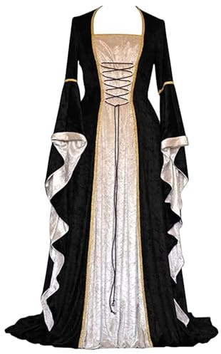 Feynman Vestido Medieval para Mujer con Mangas Trompeta, Estilo Medieval Victoriano, Vestido Largo renacentista, gótico. para Carnaval, Halloween, Fiestas de Princesas, Disfraz, Negro, S