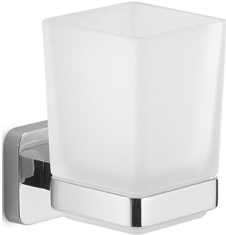 GEDY | Porta Spazzolino Tonga, Bicchiere Porta Spazzolino in Acciaio Inox, Cromall e Vetro Satinato, Fissaggio con Viti Incluse o Biadesivo, Cromato, 6,4x9,7x10,5cm