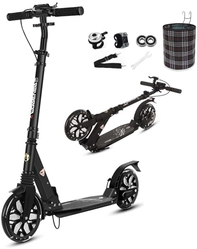 BigWheel Scooter - Tretroller für Kinder und Erwachsene mit LED aufleuchten Räder - Roller ab 8 Jahre - Cityroller bis zu 150 kg - Klappbar & Höhenverstellbar - Mit Tragegurt (Schwarz)
