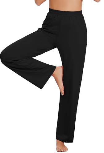 HAPYWER Jogginghose Damen Lange Hose Gerades Bein Haremshose luftig Lang Yogahose Locker Schlupfhose mit Tasche(Schwarz,L)