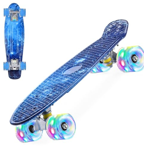 ERNAN Skateboard Complet Mini Cruiser pour Enfants 22，Skateboard avec Roues LED pour Enfants Débutants Filles Garçons Adolescents Adultes (Deep Blue)
