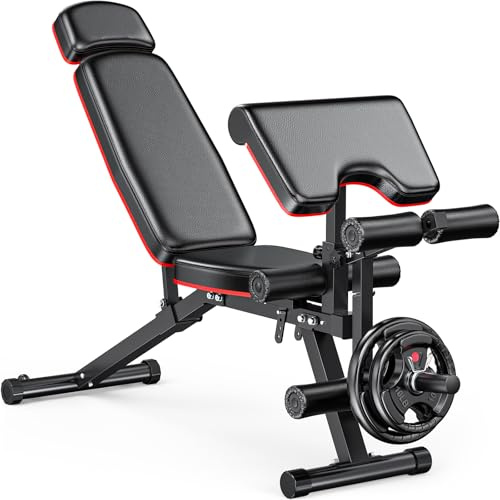 XDDIAS Workout Bench, Weight Bench with Leg Extension and Leg Curl, Preacher Curl Bench with Extended Headrest, Adjustable Incline Decline Flat Bench for Home Gym, 900LBS