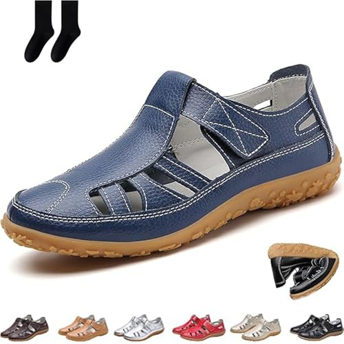 Sandalias de punta cerrada para mujer, sandalias ortopédicas de pescador de verano, con gancho y bucle, de piel retro, antideslizantes, estilo bohemio, gladiador, para caminar, playa