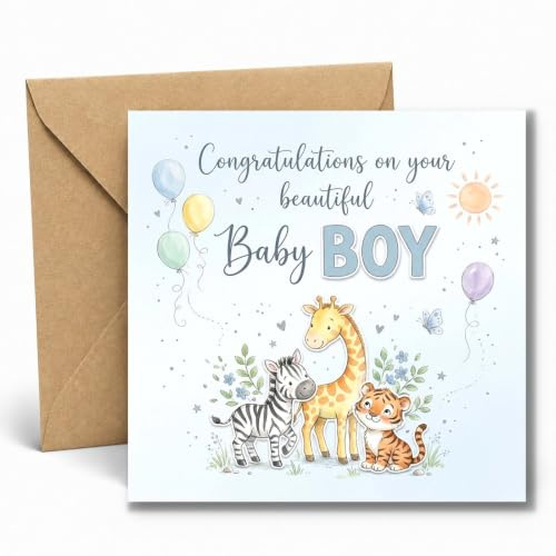 Edition Seidel Premium biglietto d'auguri quadrato per la nascita con busta. Biglietto messaggio in inglese Hello Benvenuto Baby Boy animale raggio di sole (EQ182 SW026)
