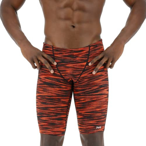 TYR Durafast Elite Athletic Jammer Swimsuit Costume a Pantaloncino, Nero/Arancione, 4 Uomo