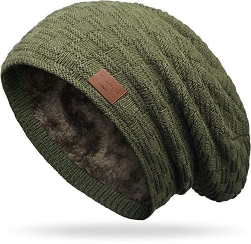 Grin&Bear Long Slouch Beanie Grobstrick Teddyfleece M10 (DE/NL/SE/PL, Alphanumerisch, Einheitsgröße, Oliv Leder)