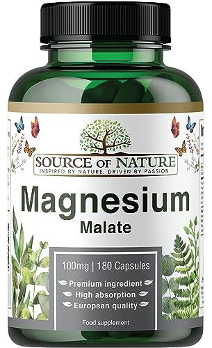 Source of Nature® | Magnesium Malat 645mg | 180 Kapslar | 2 Månaders Förbrukning | 100mg Elementärt Magnesium | Hög Biotillgänglighet | Stödjer Energi & Muskelfunktion | Skonsam för Magen | Vegansk