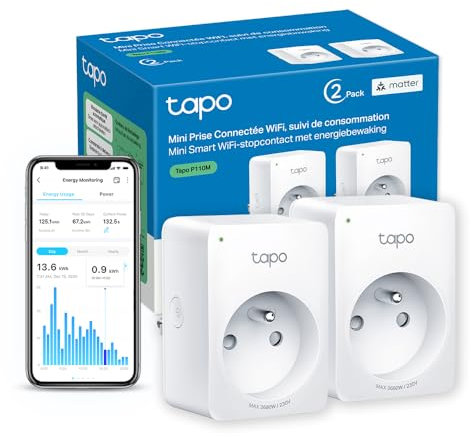 Tapo Matter Prise Connectée WiFi, Suivi de consommation, 16A Type E, Compatible avec Alexa, Google Home et SmartThings, Contrôler le radiateur, le chauffage, Économie d'énergie, Tapo P110M 2-pack(FR)